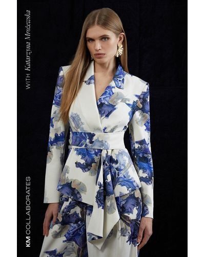 Karen Millen Tailored Crepe Printed Drape Detail Blazer - Blue