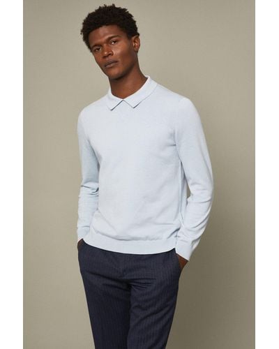 Burton Pure Cotton Light Blue Collared Crew Neck Jumper - White