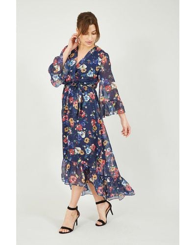 Yumi' Navy Bird And Floral Print Wrap Dress - Blue