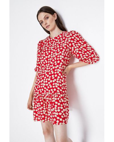 Warehouse Puff Sleeve Peplum Hem Mini Dress - Red