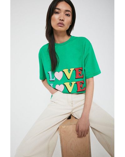 Warehouse Violet Eclectic Cotton Love Front Print Tee - Green