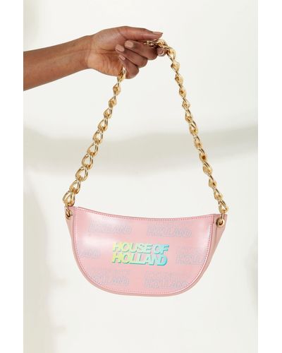 House of Holland Shoulder Bag In Baby Pink With A Gold Chain Strap And Printed Logo