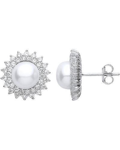 Jewelco London Silver Cz Pearl Full Moon Star Burst Stud Earrings 8mm - Metallic