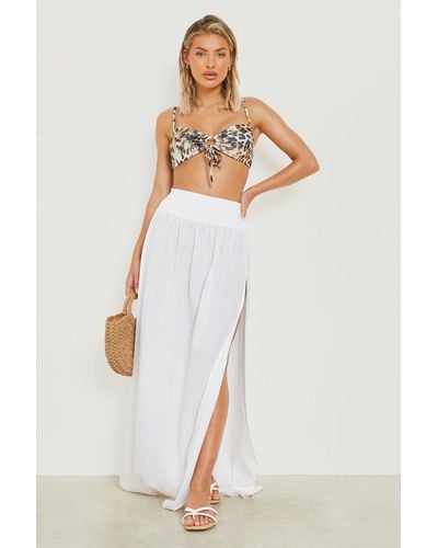 Boohoo Linen Look Shirred Split Maxi Beach Skirt - White