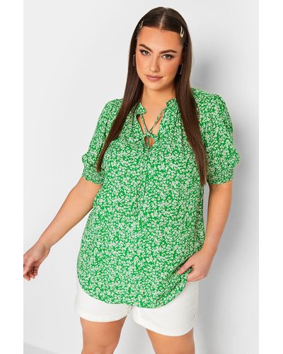 Yours Floral Tie Neck Blouse - Green