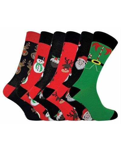 Sock Snob 6 Pairs Cotton Rich Fun Novelty Design Christmas Socks - Red