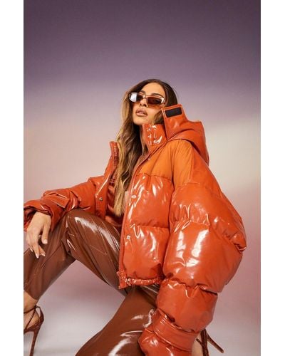 Boohoo High Shine Oversized Puffer Jacket - Orange
