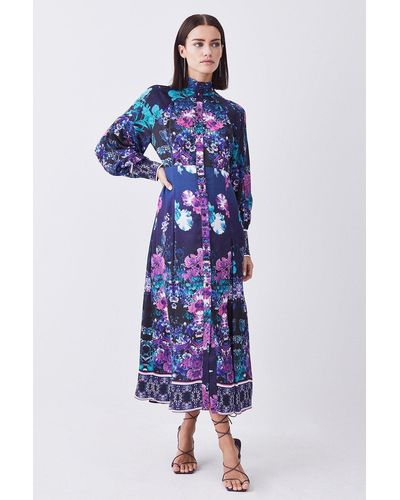 Karen Millen Petite Boarder Floral Print Satin Woven Midi Dress - Blue