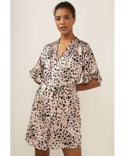 Oasis Frilled Spot Printed Satin Robe - Natural