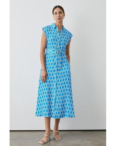 PRINCIPLES Blue Geo Print Sleeveless Belted Shirt Midi Dress