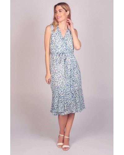Tenki Sleeveless V Neck Floral Ruffle Wrap Midi Dress - Blue