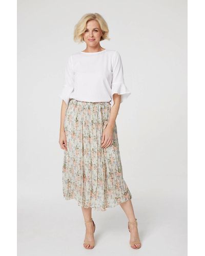 Izabel London Floral High Waist Pleated Midi Skirt - Natural
