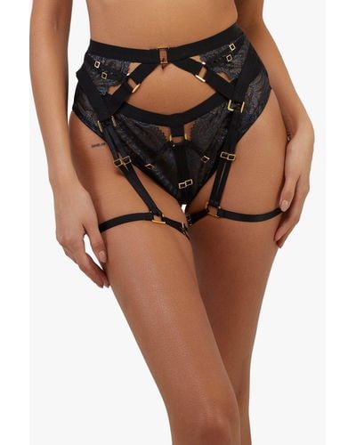 Playful Promises Tabitha Black Wet-look Lace Harness Suspender - Brown