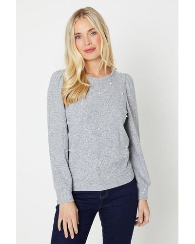 Dorothy Perkins Petite All Over Pearl Puff Sleeve Brushed Long Sleeve Top - Grey