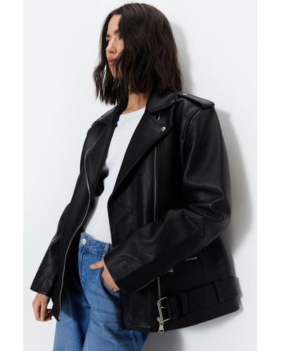 Warehouse Real Leather Belted Biker Jacket - Black