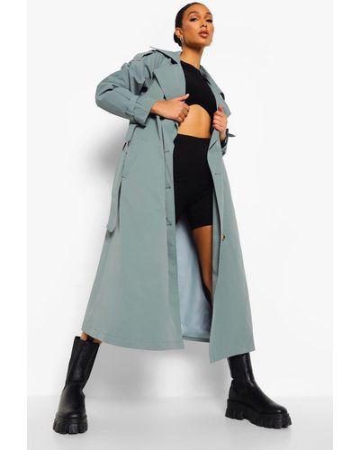 Boohoo Oversized Woven Belted Trench Coat - Blue