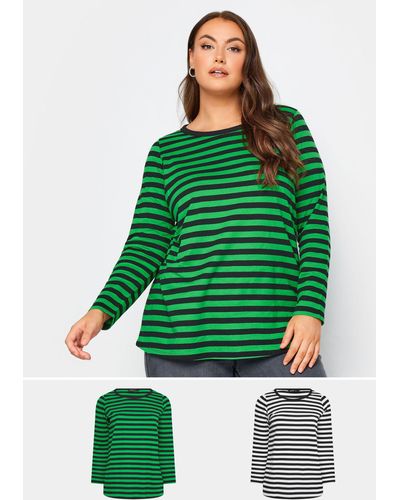 Yours 2 Pack Stripe Print Long Sleeve T-shirts - Green