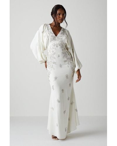 Coast Premium V Neck Blouson Sleeve Embellished Wedding Dress - White