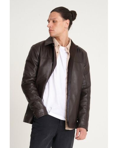 Barneys Originals Button Up Leather Reefer Jacket - Grey