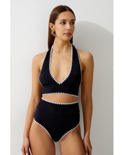 Karen Millen Stitch Detail Plunge Bikini Top - Black