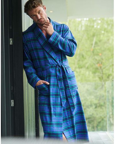 British Boxers 'midnight Tartan' Brushed Cotton Dressing Gown - Blue