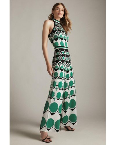 Karen Millen Embellished Geo Jacquard Halterneck Jumpsuit - Green