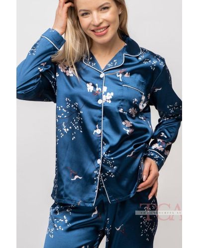 The Colourful Aura Blue Printed Soft Satin Long Sleeve Night Suit Women's Silk Sleepwear Pyjama Set