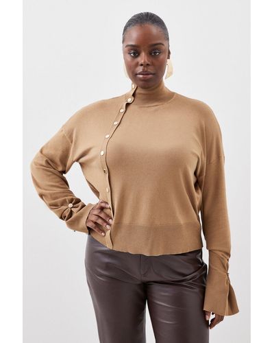 Karen Millen Plus Size Viscose Blend Knit Popper Detail Jumper - Natural