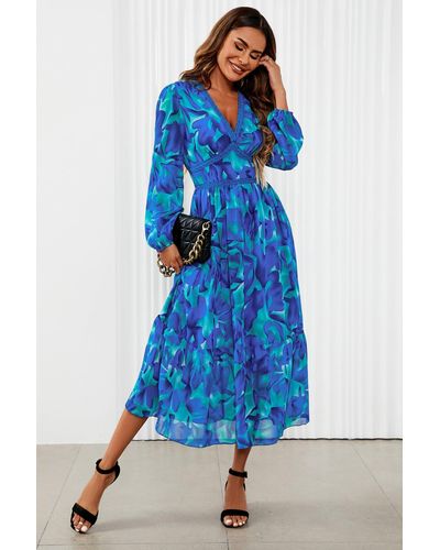 FS Collection Floral Print Long Sleeve Maxi Dress In Blue