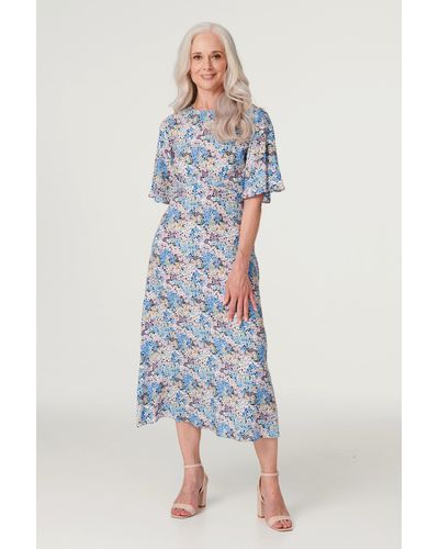 Izabel London Floral 1/2 Sleeve Midi Dress - Blue