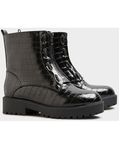 Yours Croc Platform Chunky Zip Boots - Black