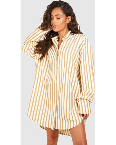 Boohoo Textured Stripe Boxy Wide Sleeve Shirt Dress - Natural