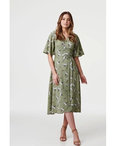 Izabel London Bird Print Midi Wrap Dress - Green