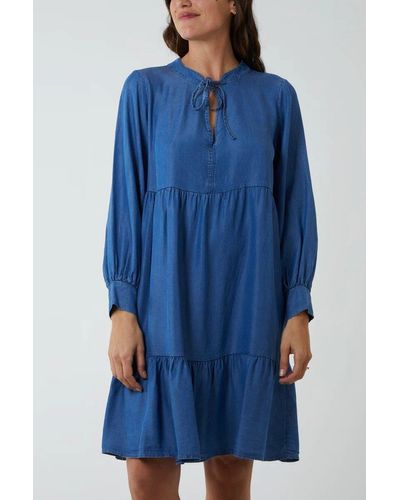 Hoxton Gal Oversized Tie Detailed Knee Lenght Cotton Denim Smock Dress With Long Sleeves - Blue