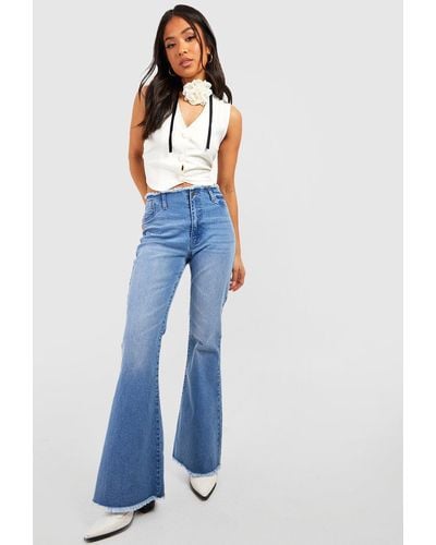 Boohoo Petite Fray Waistband Stretch Flares - Blue