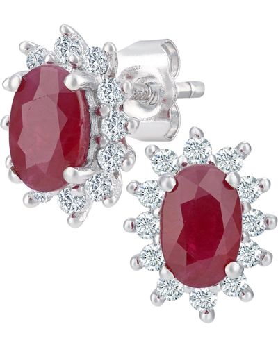 Jewelco London 9ct White Gold 1/4ct Diamond Oval Ruby Cluster Stud Earrings - Pe0axl4750w-ru - Red
