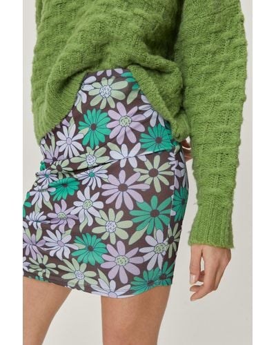 Nasty Gal Floral Ruched Side Mesh Mini Skirt - Green