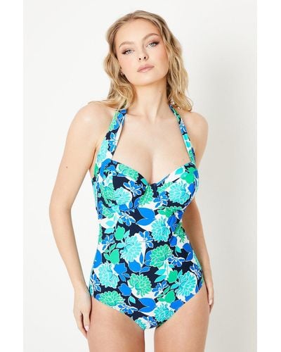 Gorgeous Dd+ Bold Blooms Balcony Belted Swimsuit With Tummy Control - Blue