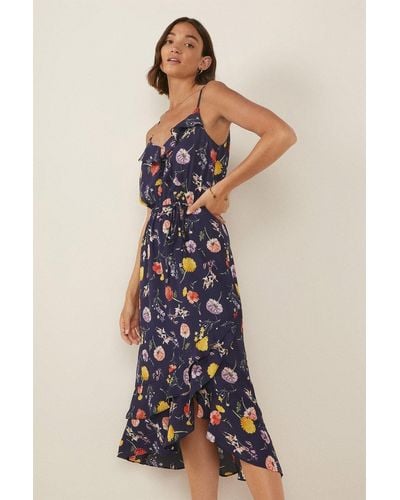 Oasis Floral Print Frill Wrap Dress - Blue