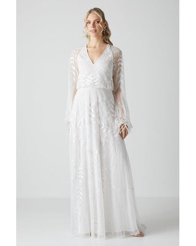 Coast Boho Embroidered Blouson Sleeve Wedding Dress - White