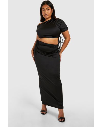 Boohoo Plus Ruched Drape Shoulder Crop Top And Maxi Skirt - Black