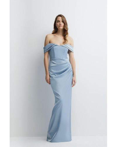 Coast Structured Satin Bardot Wrap Bridesmaids Maxi Dress - Blue