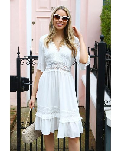 Tenki Half Sleeve Lace Embroidery Midi Dress - White