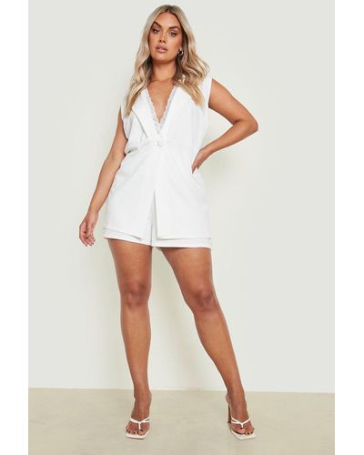 Boohoo Plus Lace Trim Sleeveless Blazer & Short Set - White