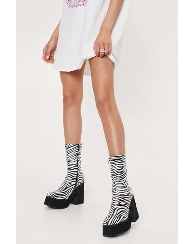 Nasty Gal Zebra Print Platform Sock Boots - White
