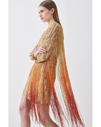 Karen Millen Beaded Fringed Woven Mini Dress - Metallic