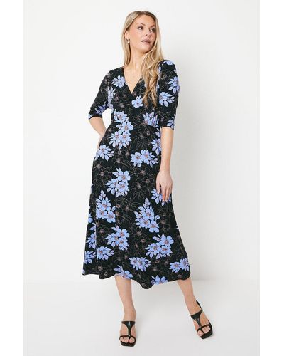 Wallis Print Jersey Wrap Midi Dress - Blue