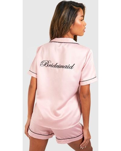 Boohoo Bridesmaid Satin Embroidered Pj Short Set - Pink
