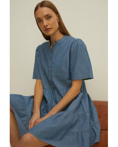 Oasis Short Sleeved Pintuck Mini Dress - Blue
