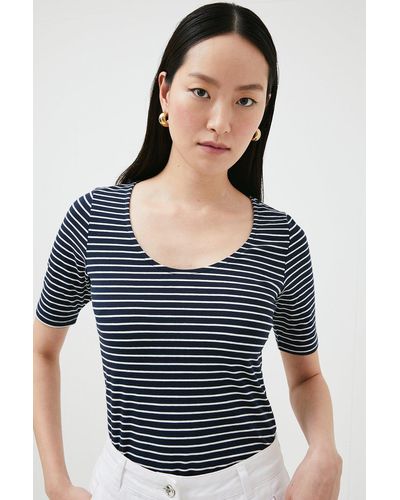 Karen Millen Stripe Cotton Jersey Short Sleeve Top - Blue